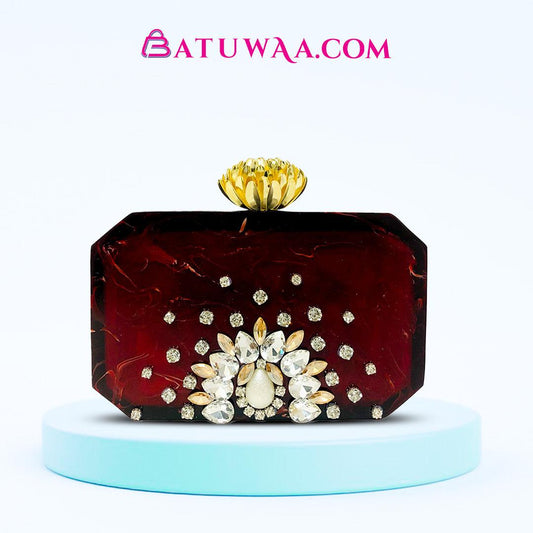 Crimson Radiance Gemstone Maroon Clutch - Batuwaa