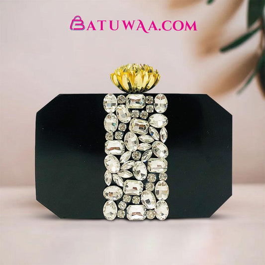 Black & Gemstone Beads Resin Clutch - Batuwaa