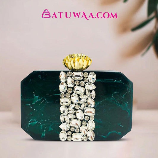 Green & Gemstone Beads Resin Clutch - Batuwaa