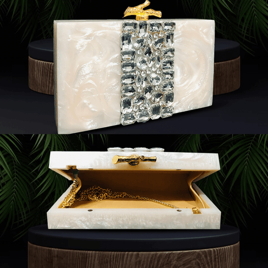 Beige Gemstone & Golden Accent Resin Clutch - Batuwaa